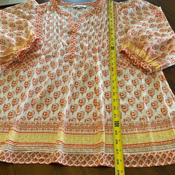 Rose + Olive Womens Orange White Paisley Pintuck Boho Tunic Blouse Top Size 1X - Picture 4 of 13
